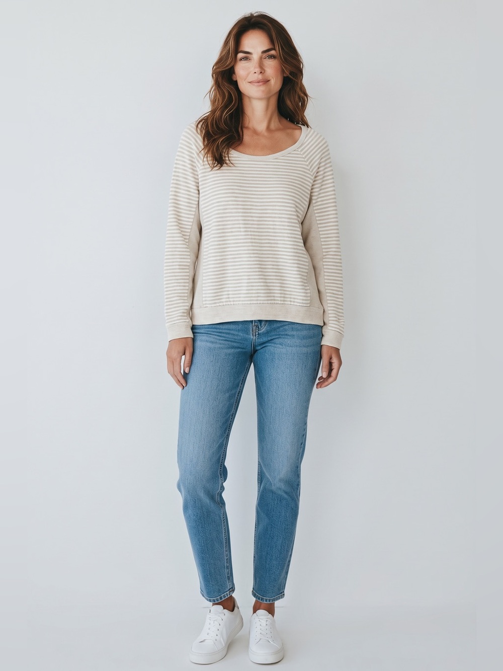 Bobeau Long Sleeve Striped Top // Beige // Small